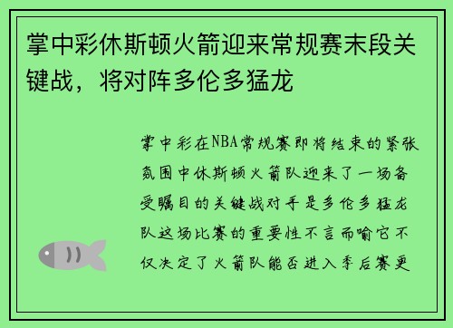 掌中彩休斯顿火箭迎来常规赛末段关键战，将对阵多伦多猛龙