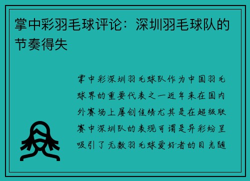 掌中彩羽毛球评论：深圳羽毛球队的节奏得失