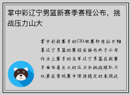 掌中彩辽宁男篮新赛季赛程公布，挑战压力山大