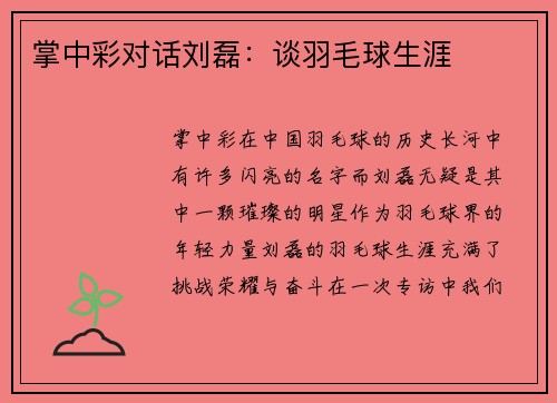 掌中彩对话刘磊：谈羽毛球生涯