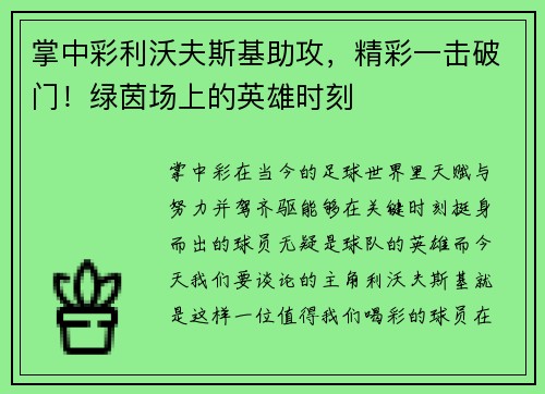 掌中彩利沃夫斯基助攻，精彩一击破门！绿茵场上的英雄时刻