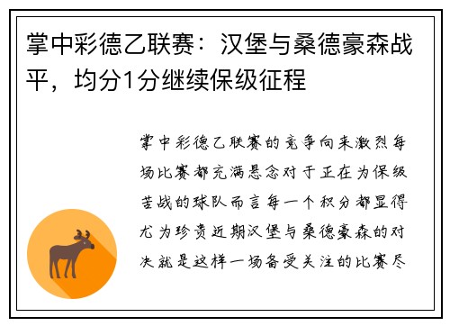 掌中彩德乙联赛：汉堡与桑德豪森战平，均分1分继续保级征程
