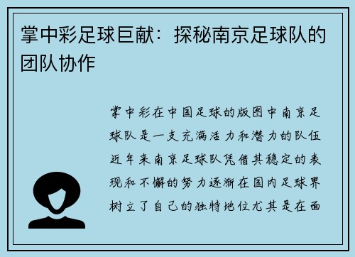 掌中彩足球巨献：探秘南京足球队的团队协作