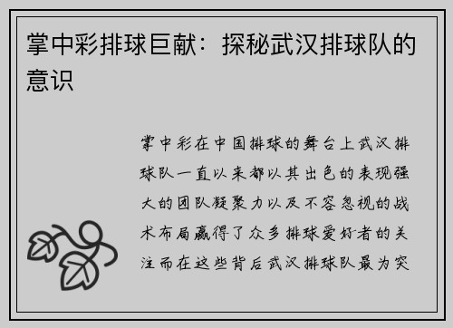 掌中彩排球巨献：探秘武汉排球队的意识