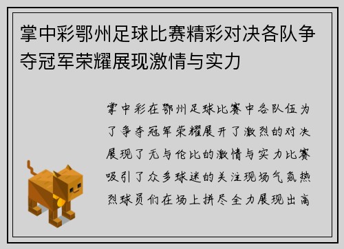 掌中彩鄂州足球比赛精彩对决各队争夺冠军荣耀展现激情与实力