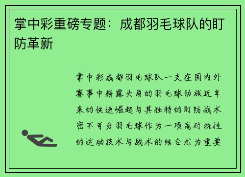 掌中彩重磅专题：成都羽毛球队的盯防革新